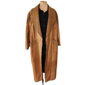 WINLIT Genuine Leather Duster Coat Women’s Large Tan Snakeskin Trim Vintage 80's